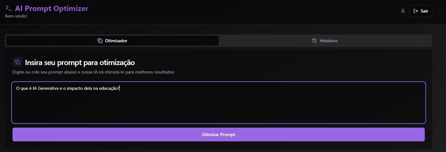 Tela do AI Prompt Optimizer com prompt, dicas de melhoria e resultado otimizado